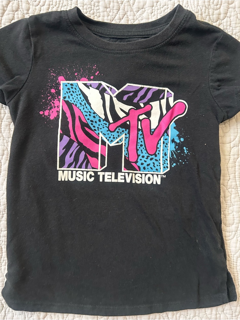 MTV Girls XS 4/5 Black Neon Animal Print Logo Graphic T-Shirt 2021